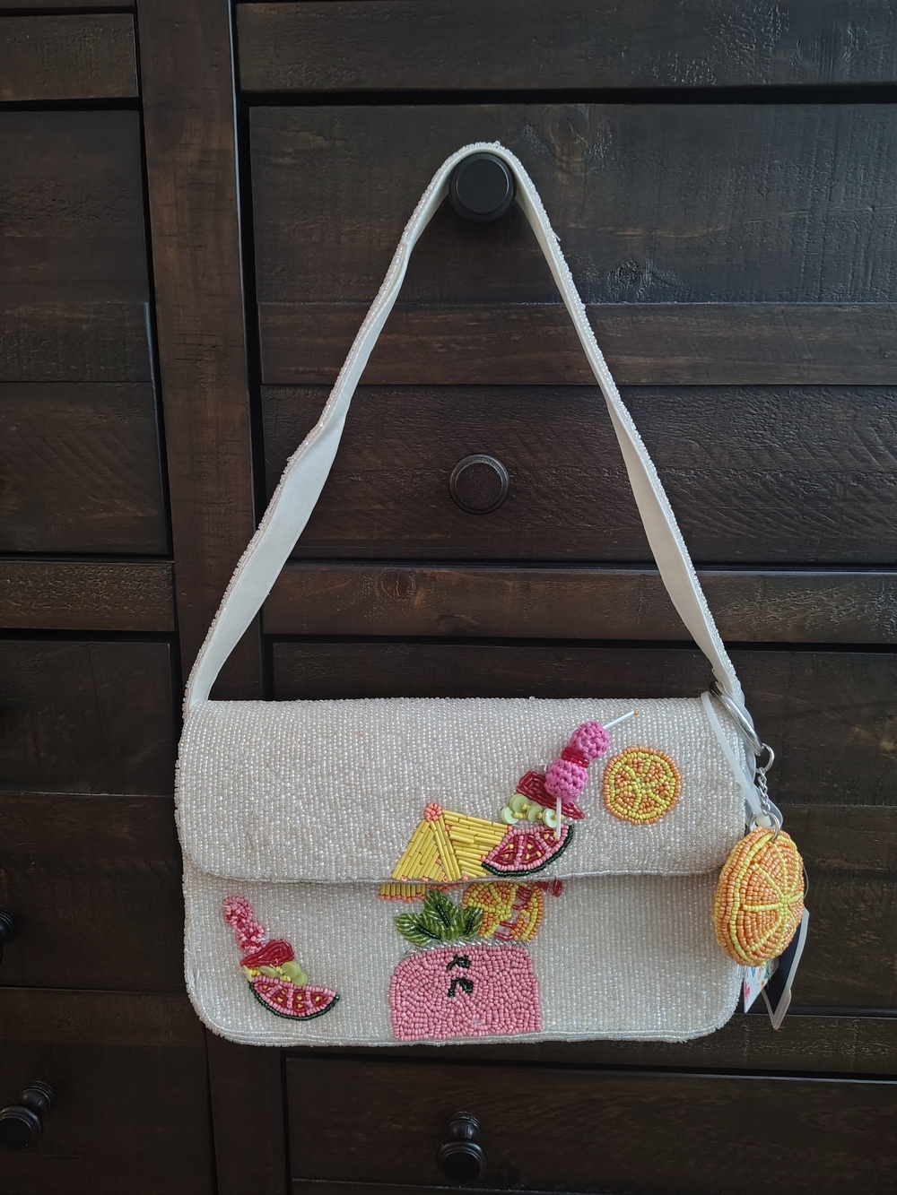 White Beaded Shoulder Bag with Colorful Coctail & Fruit Embellishments